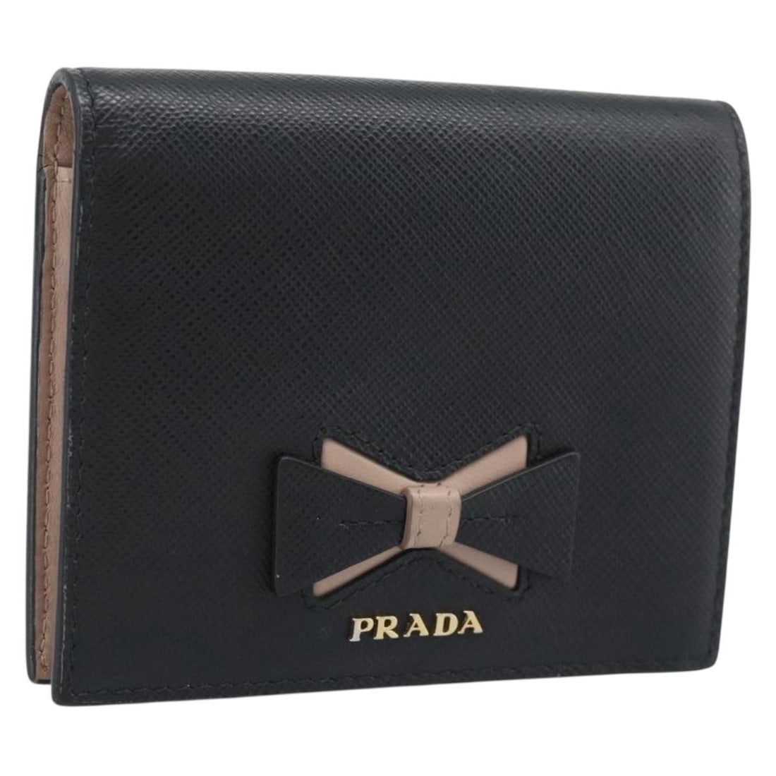 PRADA Saffiano Leather Bifold Wallet Black Gold Tone Italy: PRADA Saffiano Leather Bifold Wallet Black Gold Tone Italy Prada bifold wallet in black Saffiano leather with gold-tone accents. Made in Italy, this women's wallet includes the guarantee card. Conditi