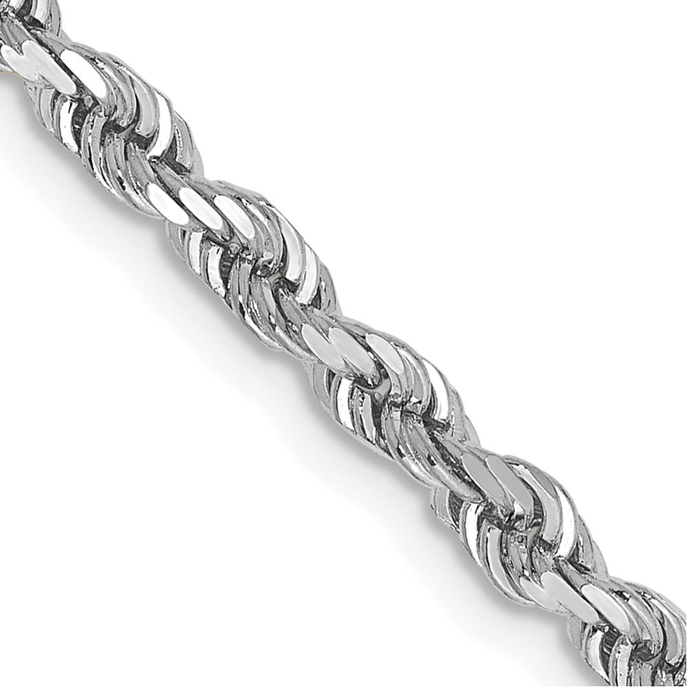 10k White Gold 3.35mm D/C Quadruple Rope Chain: 10k White Gold 3.35mm D/C Quadruple Rope Chain 10k White Gold 3.35mm D/C Quadruple Rope Chain Metal: 10k White Gold Weight: 18.02 grams Length: 24" Width: 3.35" This item may take 2-5 weeks for shippi