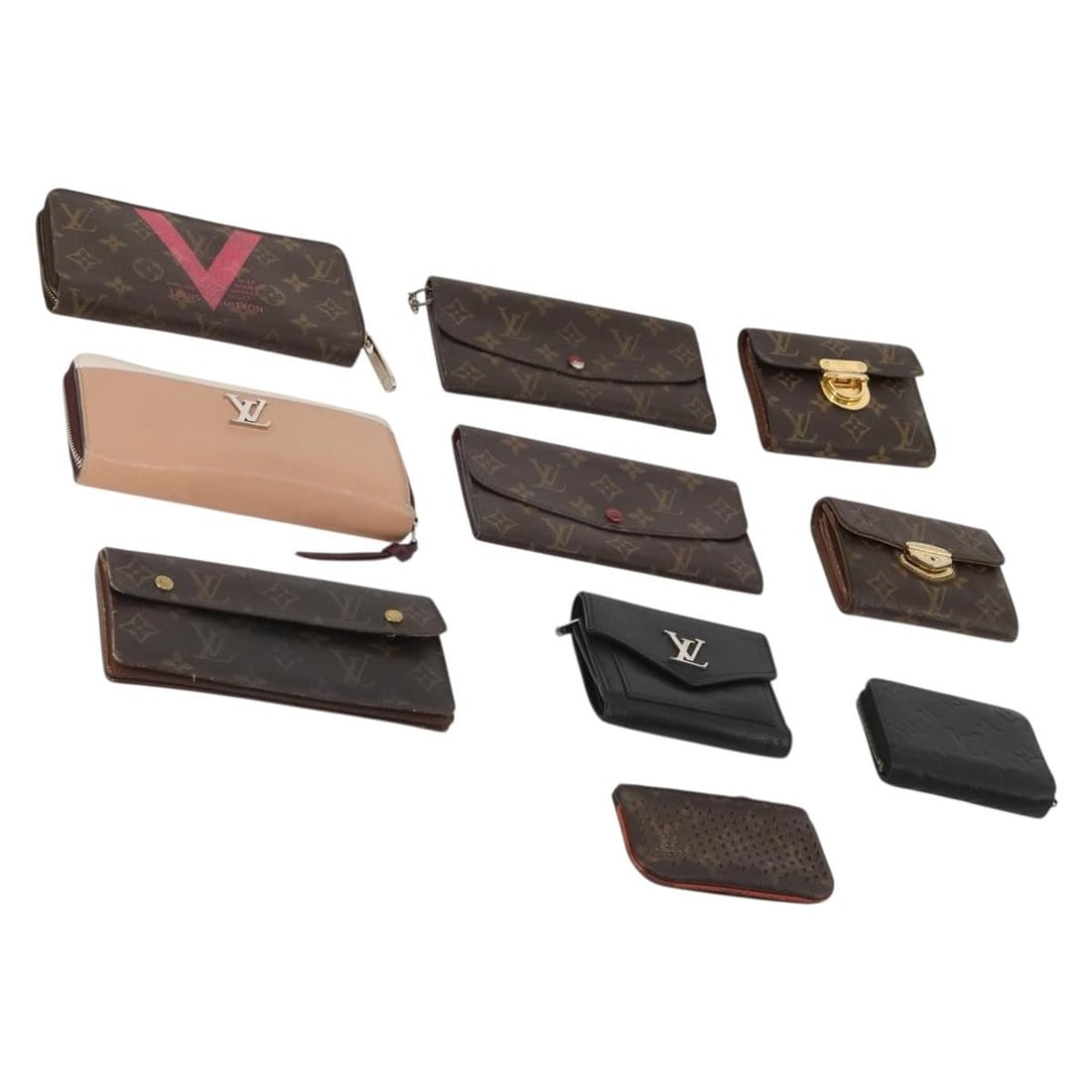 Set of 10 Louis Vuitton Monogram Black Leather Wallets: Set of 10 Louis Vuitton Monogram Black Leather Wallets Set of 10 Louis Vuitton wallets in monogram and black leather with monogram canvas. This bundle includes only the items shown in the photos; item