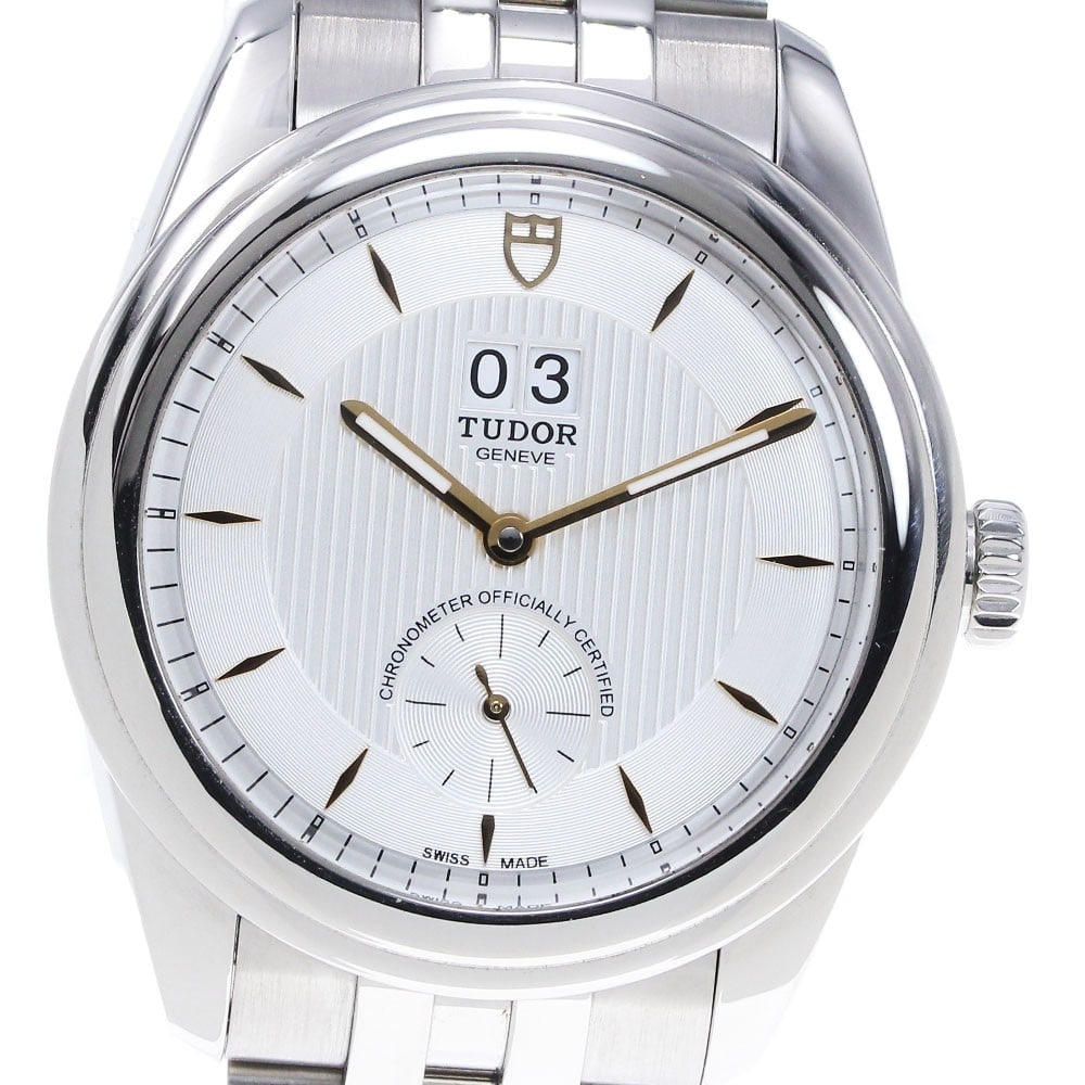 TUDOR Glamour Double Date Ref 57100 Mens Automatic Wristwatch: TUDOR Glamour Double Date Ref 57100 Mens Automatic Wristwatch TUDOR Glamour Double Date automatic men's wristwatch with a silver dial, stainless steel case, and stainless steel bracelet. This pre-owne
