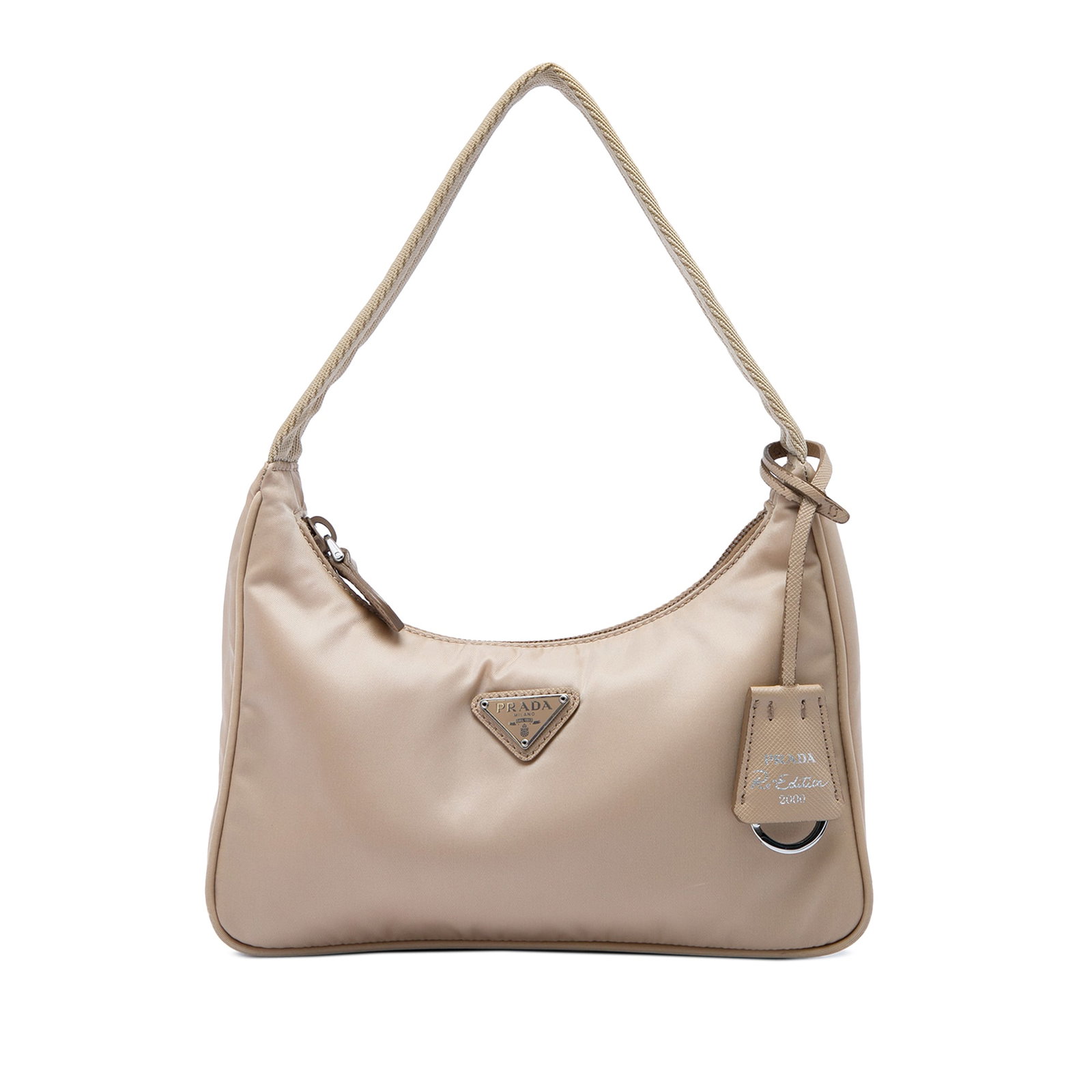Prada Re Edition 2000 Mini Tessuto Nylon Shoulder Bag: Prada Re Edition 2000 Mini Tessuto Nylon Shoulder Bag Prada Mini Tessuto Re Edition 2000 shoulder bag in beige fabric with a compact silhouette, flat shoulder strap, and top zip closure. Made in Italy