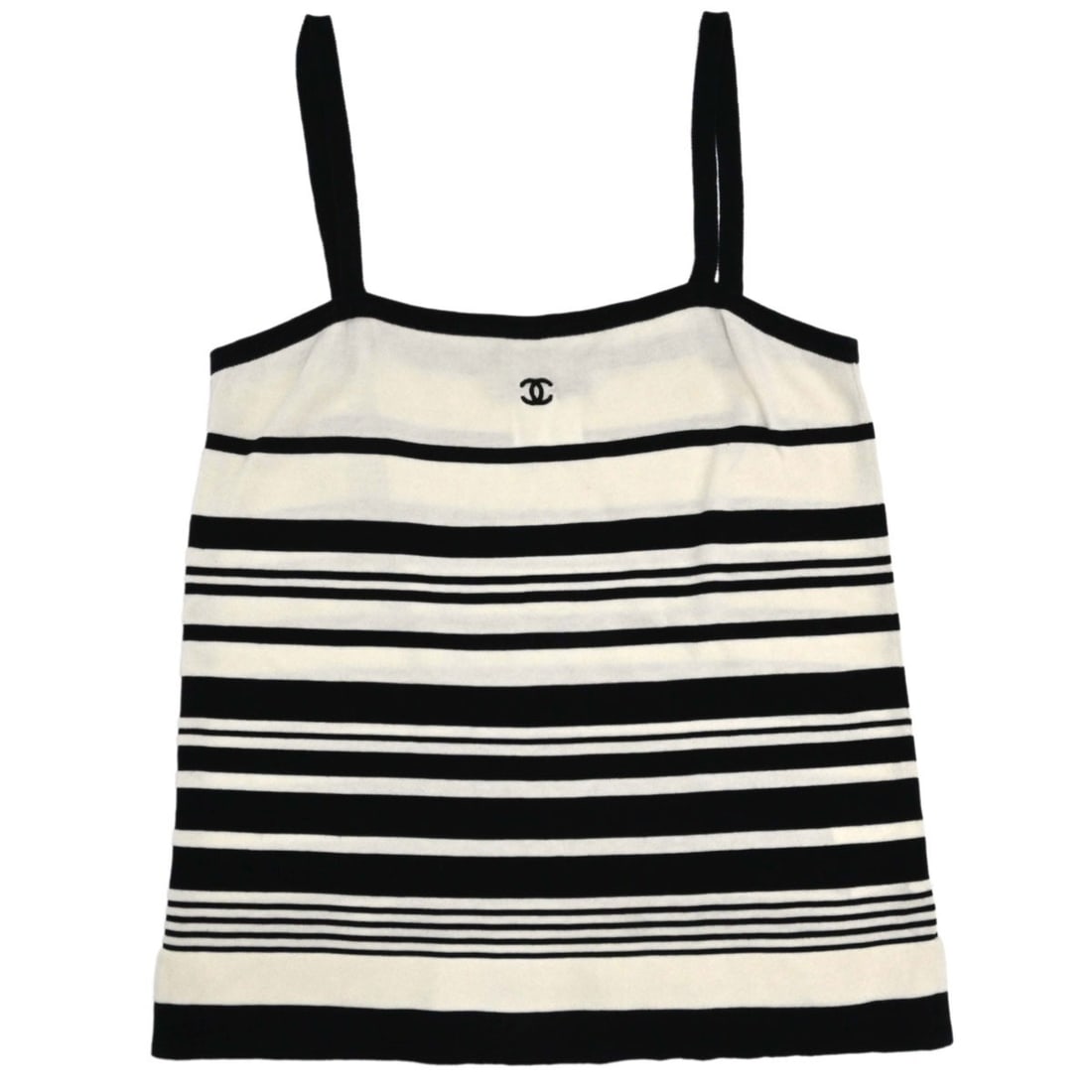 CHANEL 98P cotton camisole tank top black off white FR 38: CHANEL 98P cotton camisole tank top black off white FR 38 Vintage Chanel striped camisole top in black and off-white cotton with a slim fit and sleeveless design. This women's tank-style top is made i