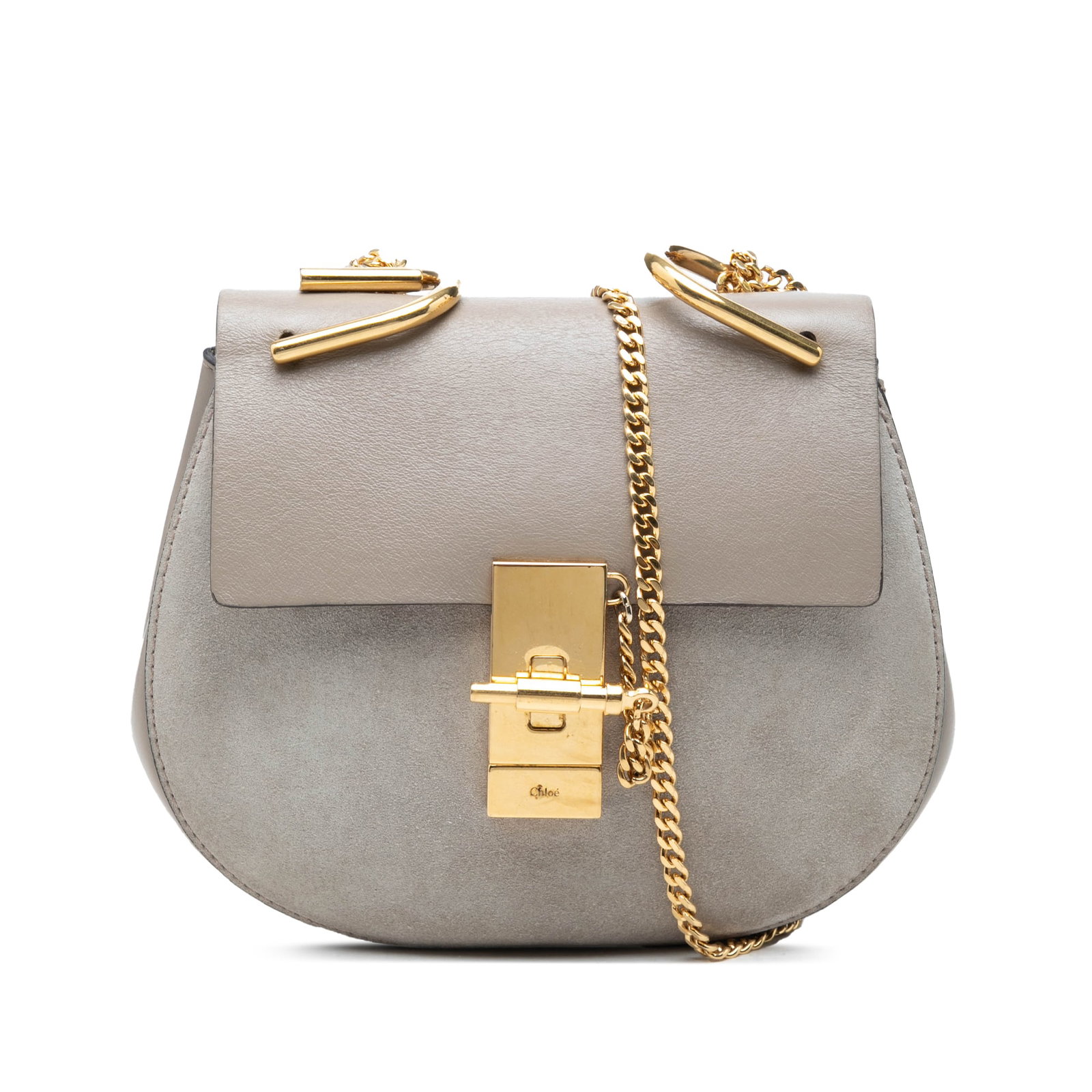 Chloe Drew Mini Bicolor Leather Suede Crossbody Bag: Chloe Drew Mini Bicolor Leather Suede Crossbody Bag Chloe Mini Drew crossbody bag crafted in bicolor suede and calfskin leather. This compact design features a gold tone chain link strap, a front flap