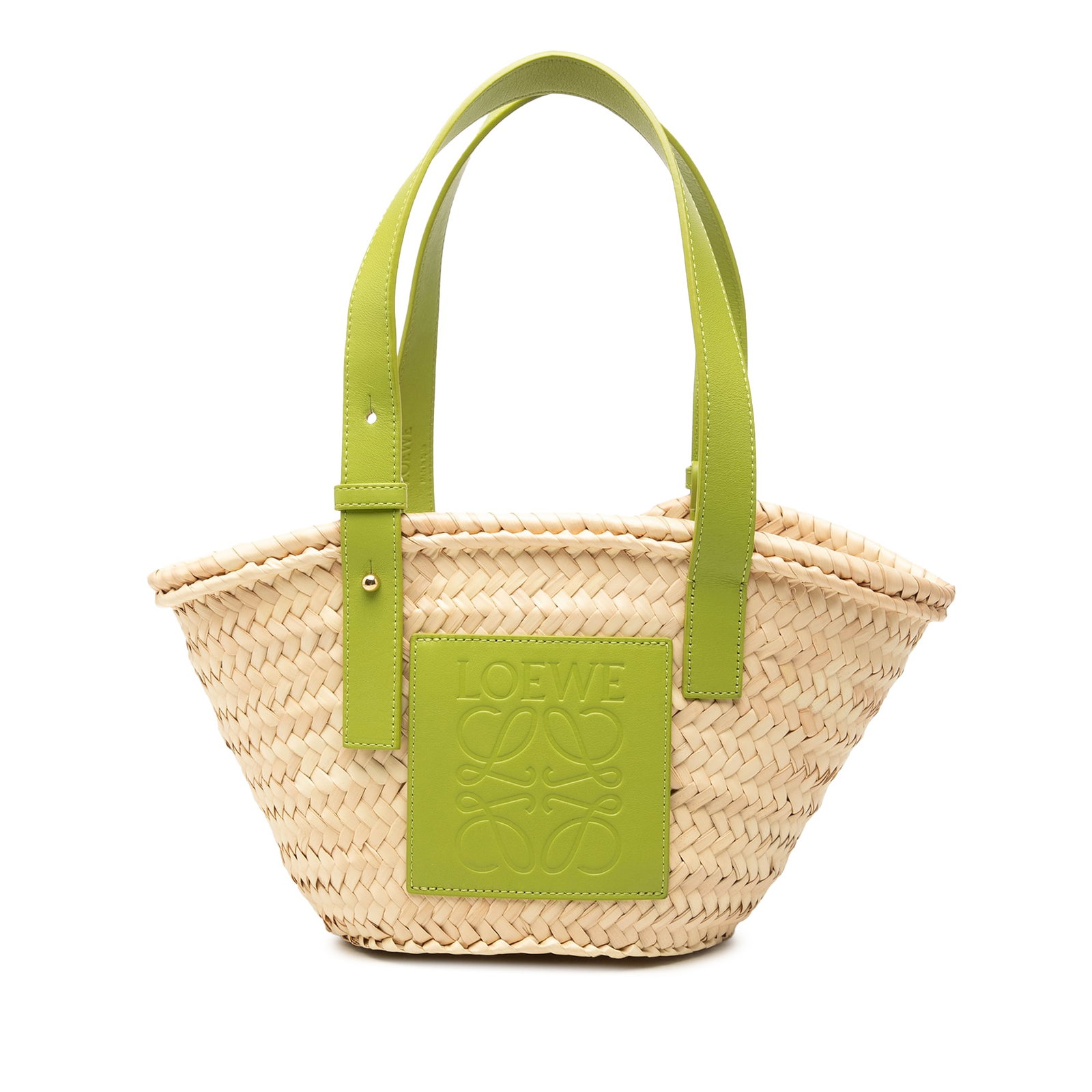 LOEWE Anagram Small Basket Tote in Raffia and Leather: LOEWE Anagram Small Basket Tote in Raffia and Leather LOEWE Small Raffia Anagram Basket Bag crafted in natural material with adjustable flat leather shoulder straps and an open-top design. Made in Spa