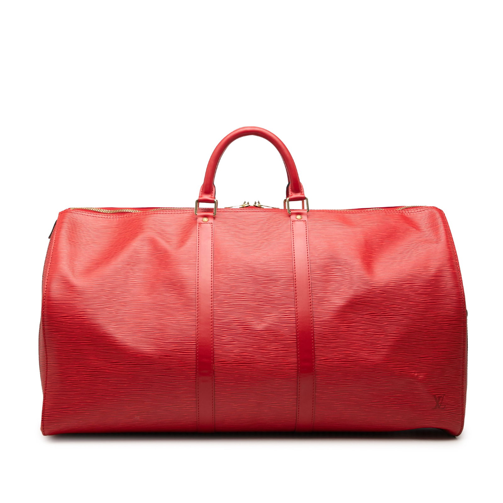 Red Epi Leather Duffle Bag Louis Vuitton Keepall 55: Red Epi Leather Duffle Bag Louis Vuitton Keepall 55 Louis Vuitton Epi Keepall 55 travel bag crafted in red leather with rolled handles and a top zip closure. Made in France, this piece shows visible w