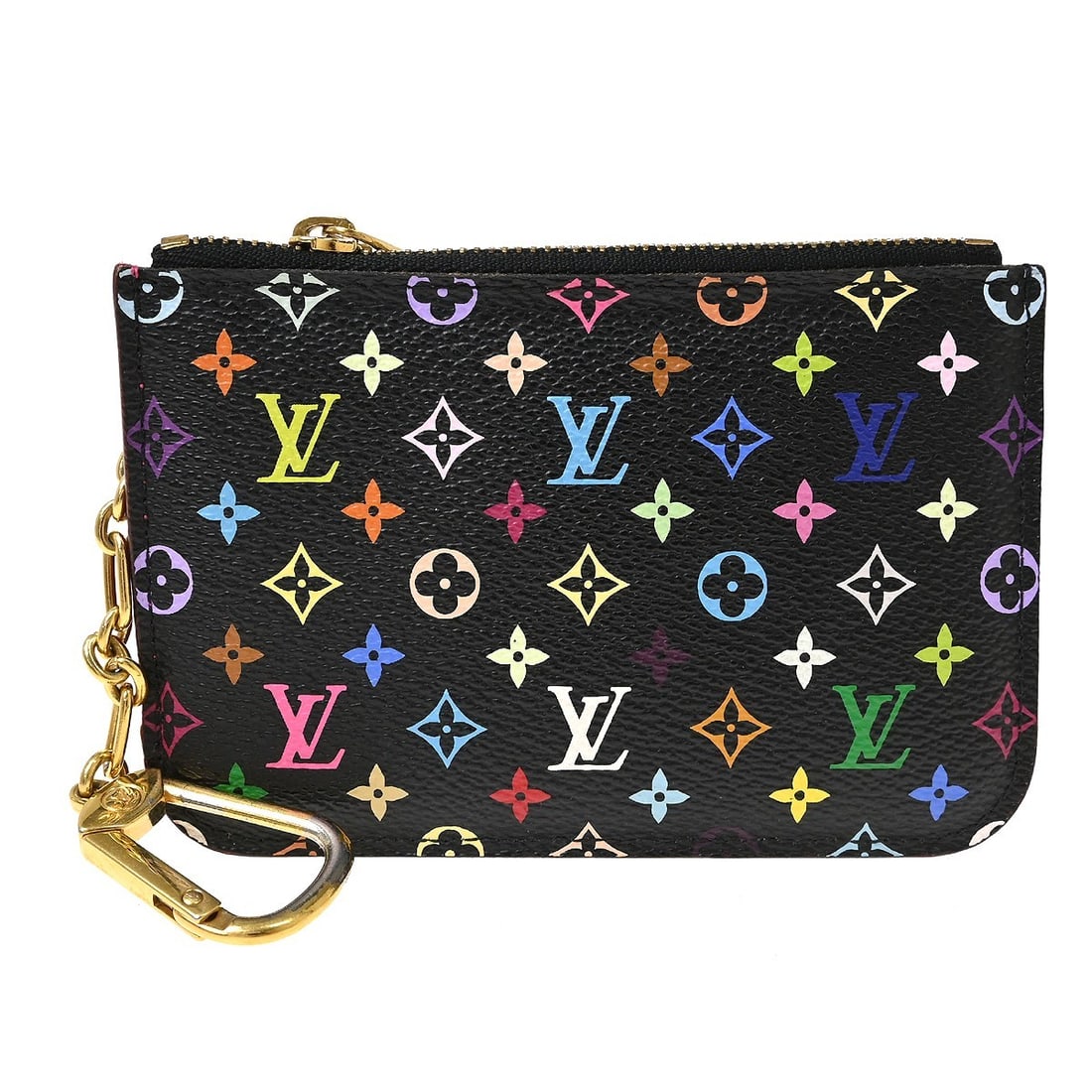 Louis Vuitton M93735 Pochette Cles coin purse with key ring: Louis Vuitton M93735 Pochette Cles coin purse with key ring Louis Vuitton Pochette Cles coin purse in black Monogram Multicolor canvas with leather trim. This women's coin case wallet features a key r