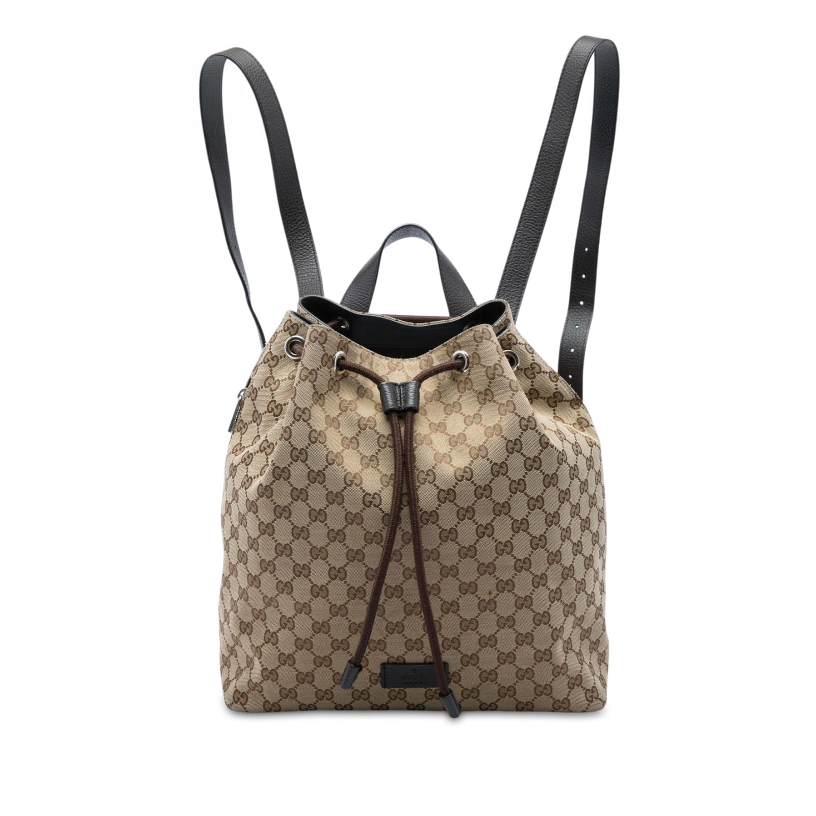 Beige Canvas Backpack Gucci GG Drawstring Leather Strap: Beige Canvas Backpack Gucci GG Drawstring Leather Strap Gucci GG Canvas Drawstring Backpack in beige canvas with an adjustable flat leather back strap, top drawstring closure, side zip closures, and i
