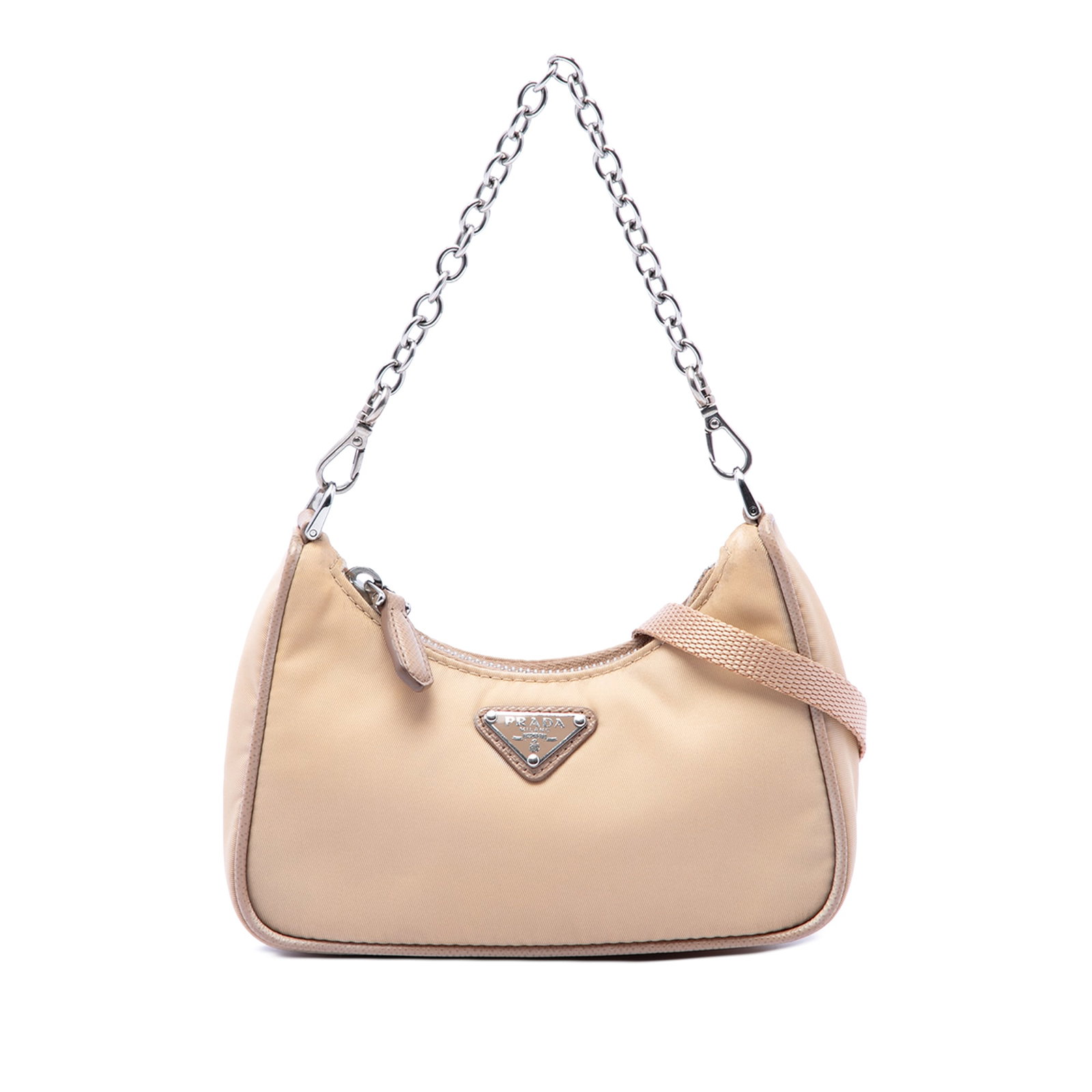 Prada Re Edition 2005 Mini Tessuto Nylon Satchel: Prada Re Edition 2005 Mini Tessuto Nylon Satchel A compact Prada Mini Tessuto Re Edition 2005 satchel in beige with a nylon body, chain handle, detachable flat shoulder strap, and top zip closure. Mad