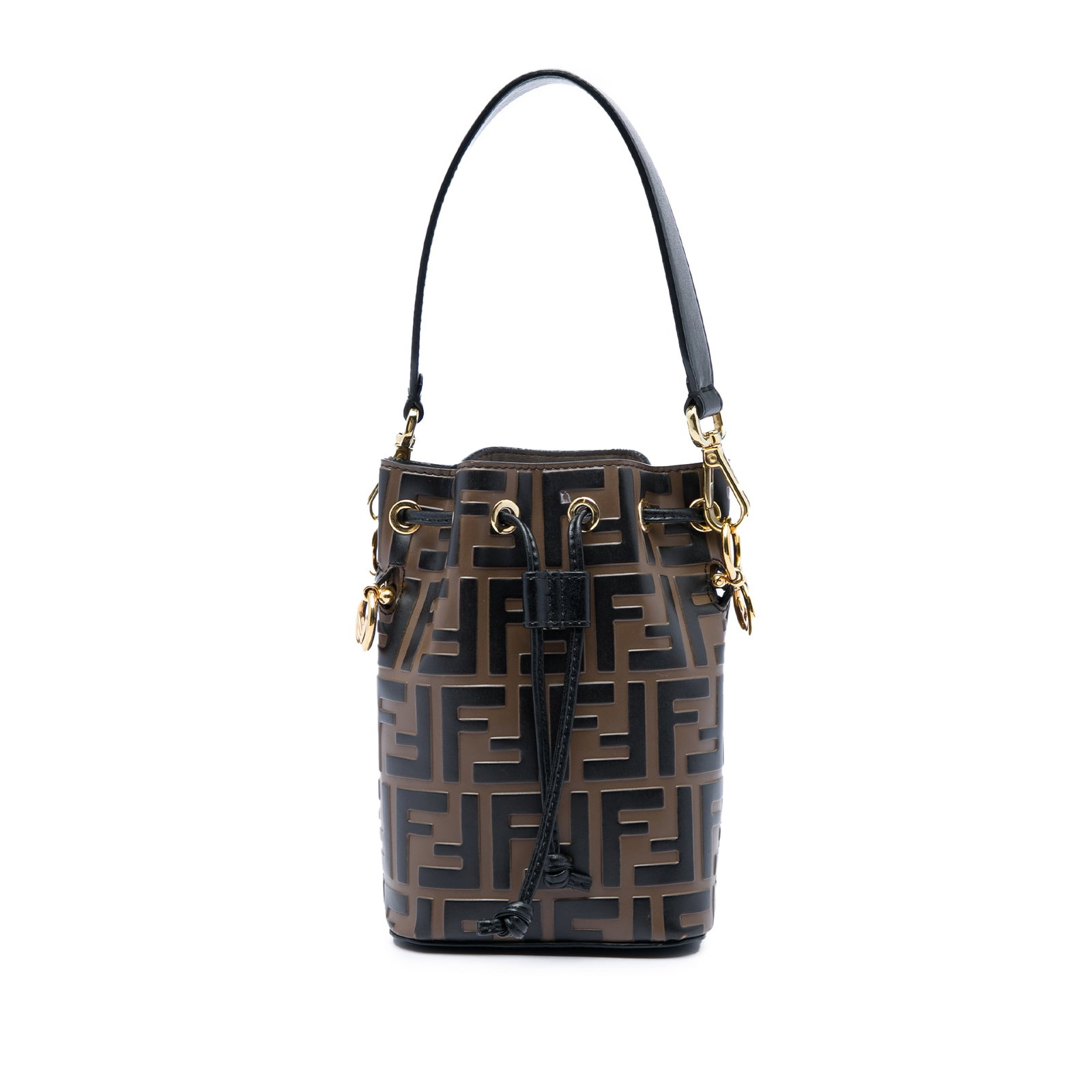 Fendi Mon Tresor Mini FF 1974 Embossed Leather Bucket Bag: Fendi Mon Tresor Mini FF 1974 Embossed Leather Bucket Bag Compact and structured, this Mon Tresor bucket bag is crafted in embossed leather with a flat top handle and an open top with drawstring closu
