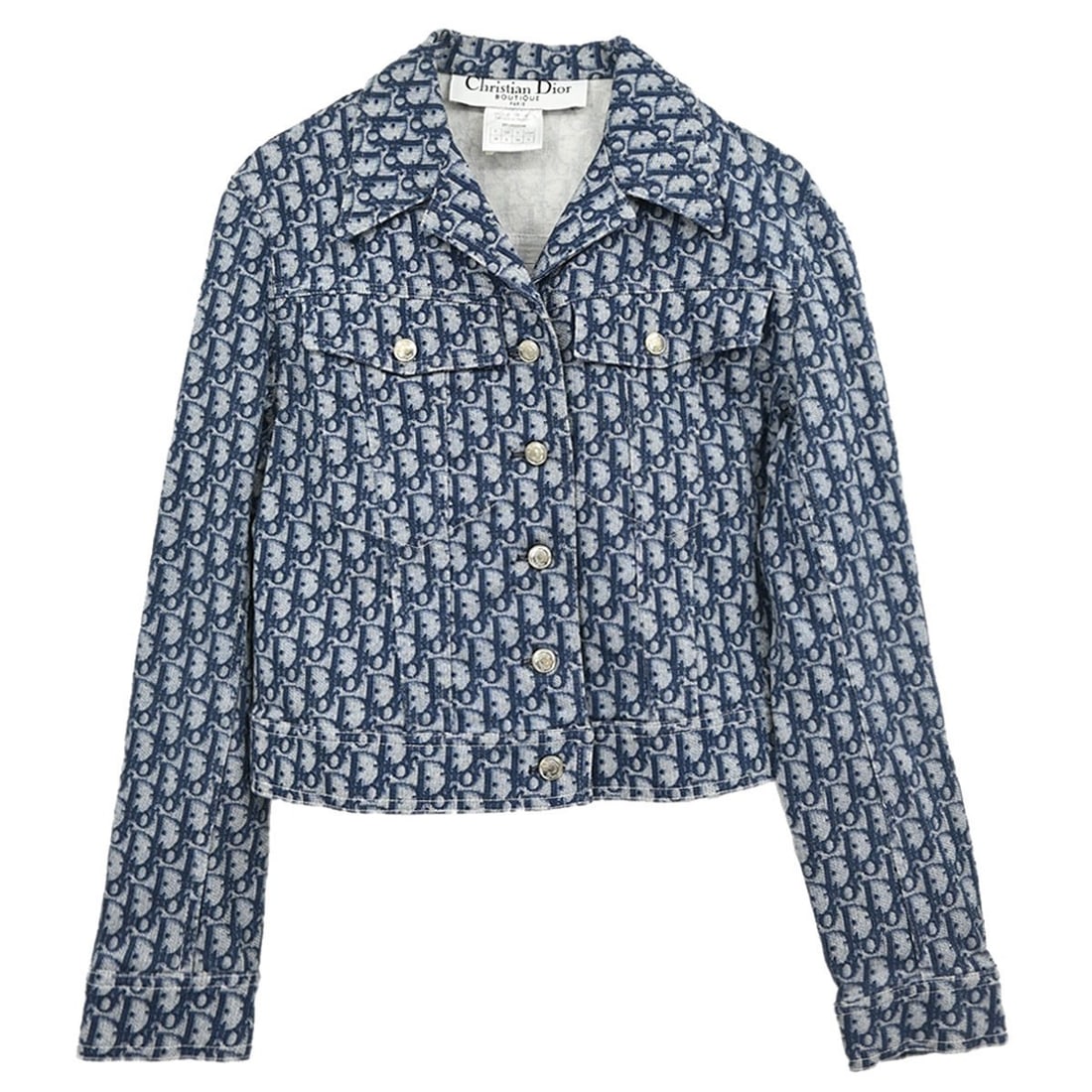 Dior Trotter Navy Cotton Lycra Women's Collared Jacket FR 36: Dior Trotter Navy Cotton Lycra Women's Collared Jacket FR 36 Christian Dior single-breasted jacket in navy Trotter fabric with a collared neckline, long sleeves, regular fit, and logo accents. Made in