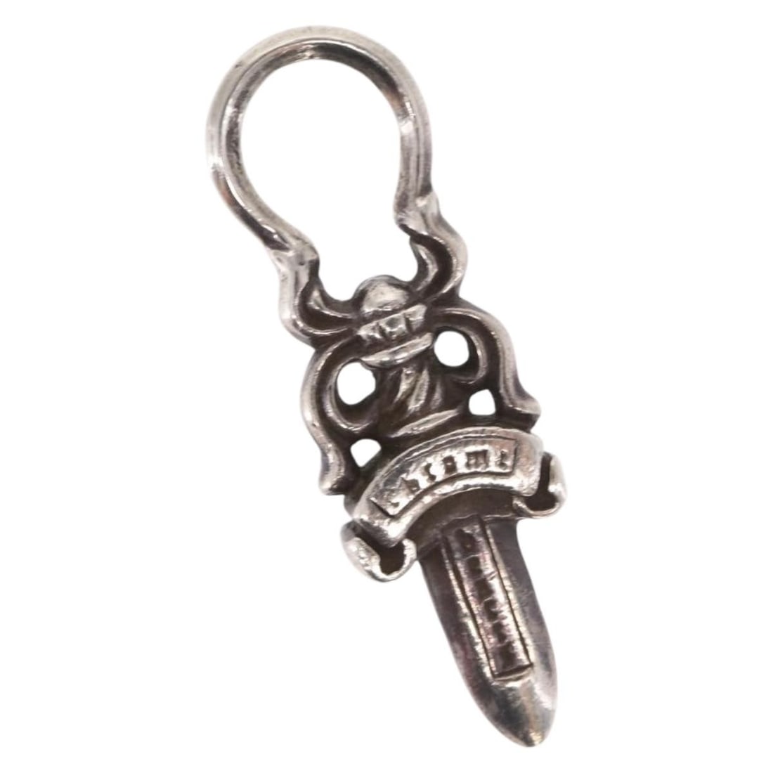 Chrome Hearts AG925 silver dagger pendant top charm: Chrome Hearts AG925 silver dagger pendant top charm Authentic Chrome Hearts dagger charm pendant top in silver. This women's pendant top shows reasonable wear and tear, including surface darkening and