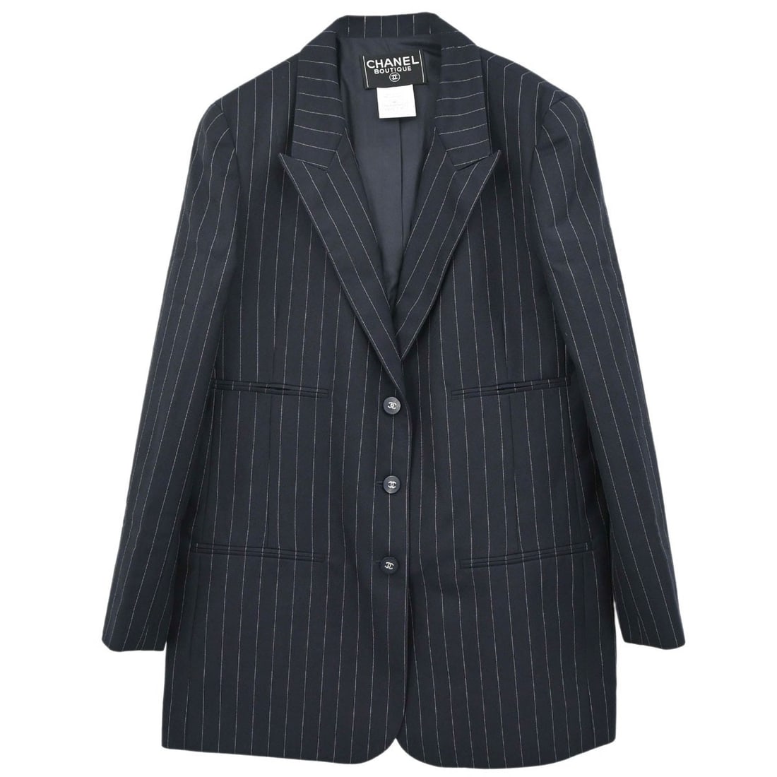 Chanel 96P Womens Wool Jacket Size 40 Navy Striped: Chanel 96P Womens Wool Jacket Size 40 Navy Striped Vintage Chanel single-breasted striped jacket in navy wool with a mid-length silhouette and long sleeves. Designed for women, this basic jacket featu