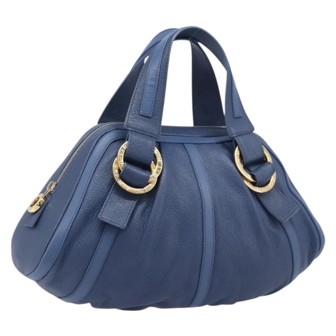 BVLGARI Chandra Blue Leather Handbag Gold Tone Italy