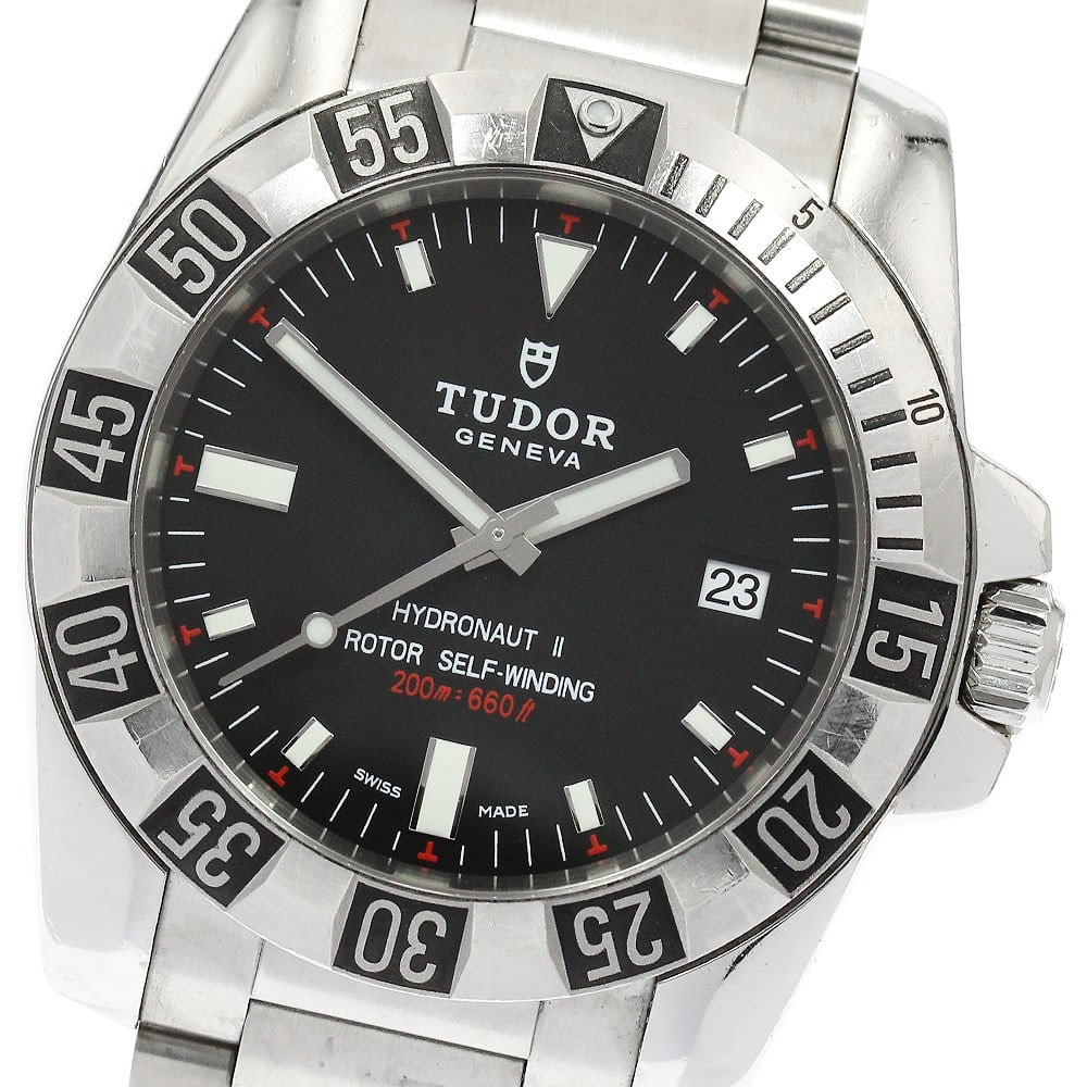 TUDOR Hydronaut 2 automatic mens date wristwatch ref 20040: TUDOR Hydronaut 2 automatic mens date wristwatch ref 20040 Pre-owned TUDOR Hydronaut II Date automatic men's wristwatch with a black dial, stainless steel case, and stainless steel bracelet. The watch