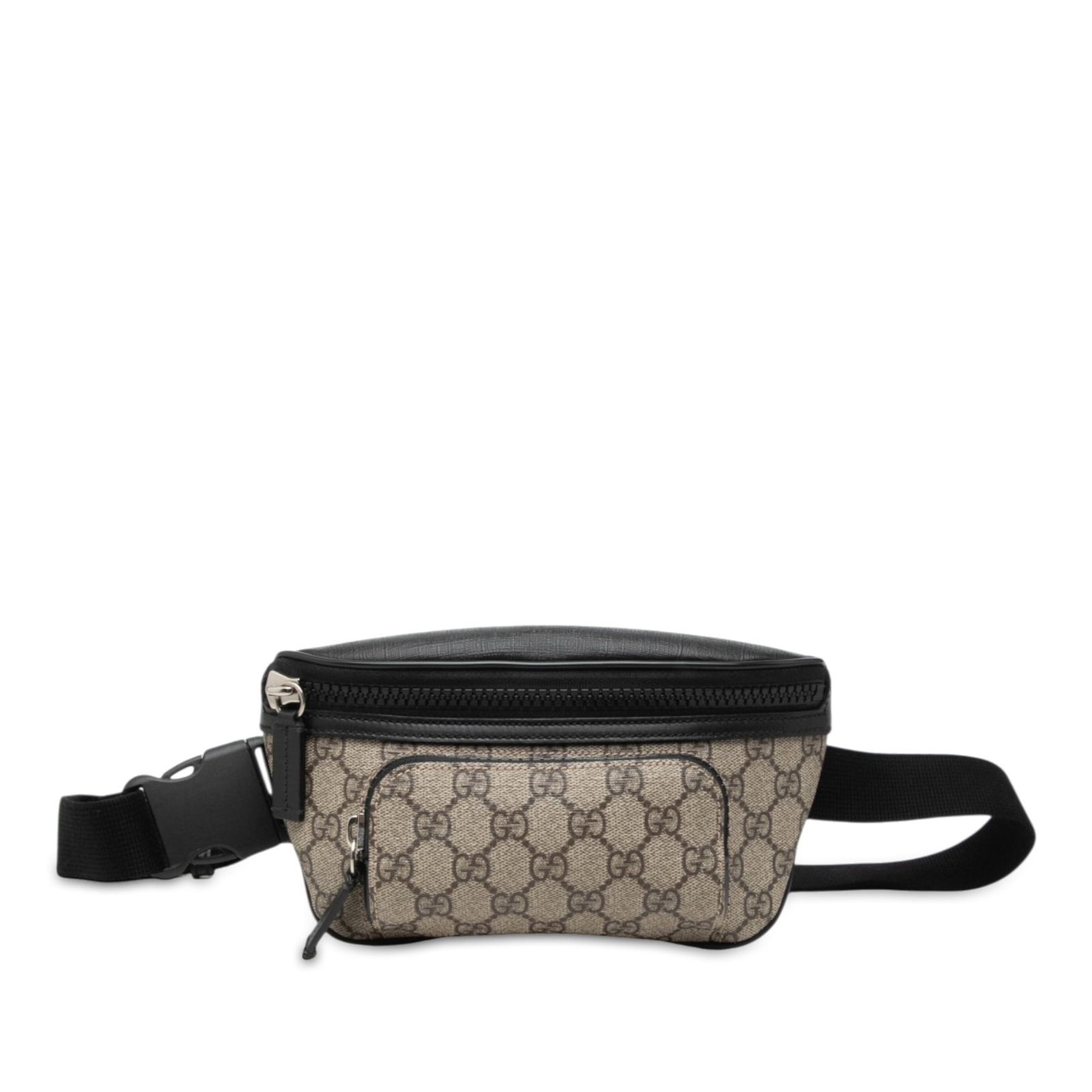 Gucci GG Supreme waist bag in coated canvas: Gucci GG Supreme waist bag in coated canvas Gucci GG Supreme belt bag in beige with a coated canvas body and leather trim. It features an adjustable waist strap with buckle closure, exterior front and