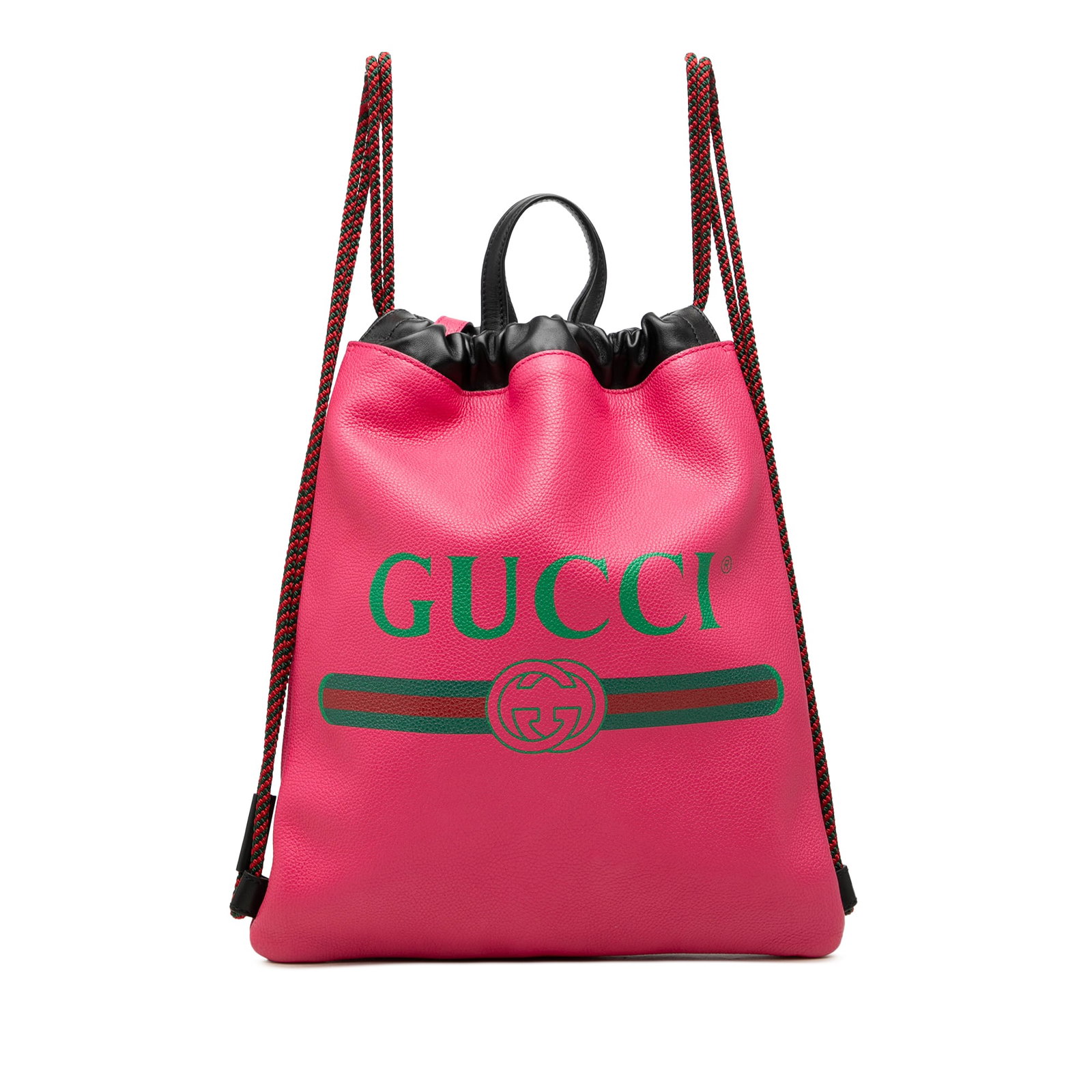 Gucci Web Logo Drawstring Backpack in Pink Grained Calfskin: Gucci Web Logo Drawstring Backpack in Pink Grained Calfskin Gucci grained calfskin drawstring backpack in pink with the signature web logo detail. This backpack features a leather body, flat leather t