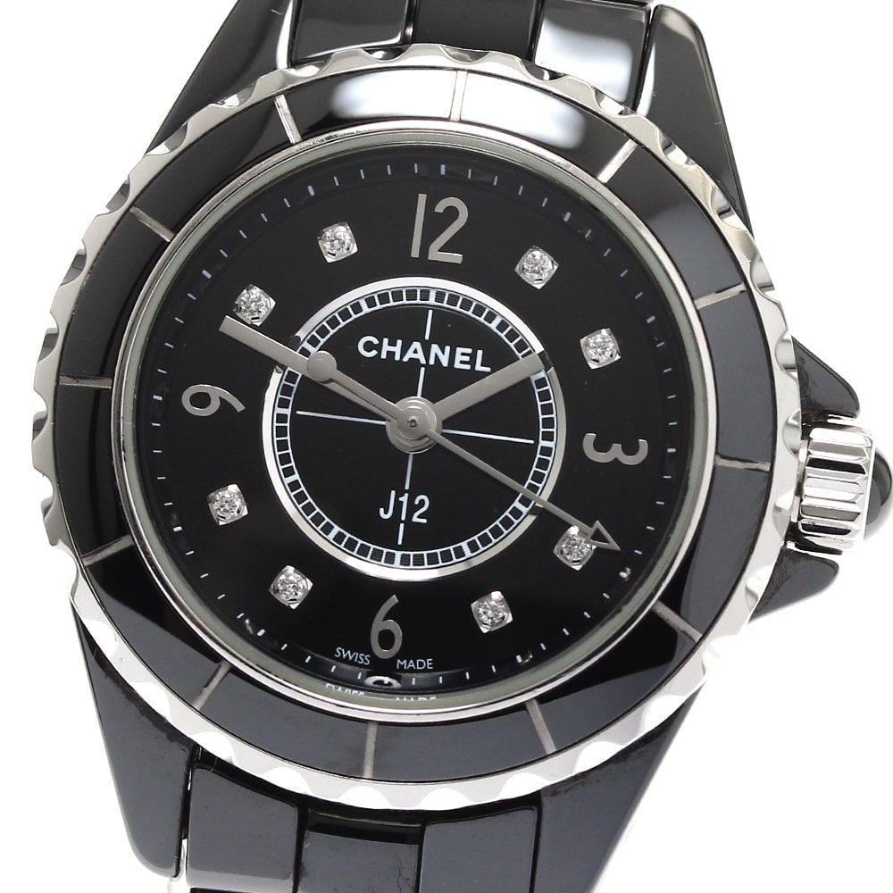CHANEL J12 H2569 Women's Quartz Watch Black Dial Ceramic Steel: CHANEL J12 H2569 Women's Quartz Watch Black Dial Ceramic Steel Pre-owned CHANEL J12 women's quartz wristwatch with a black dial and an 8P diamond design. This Swiss-made watch features a stainless ste