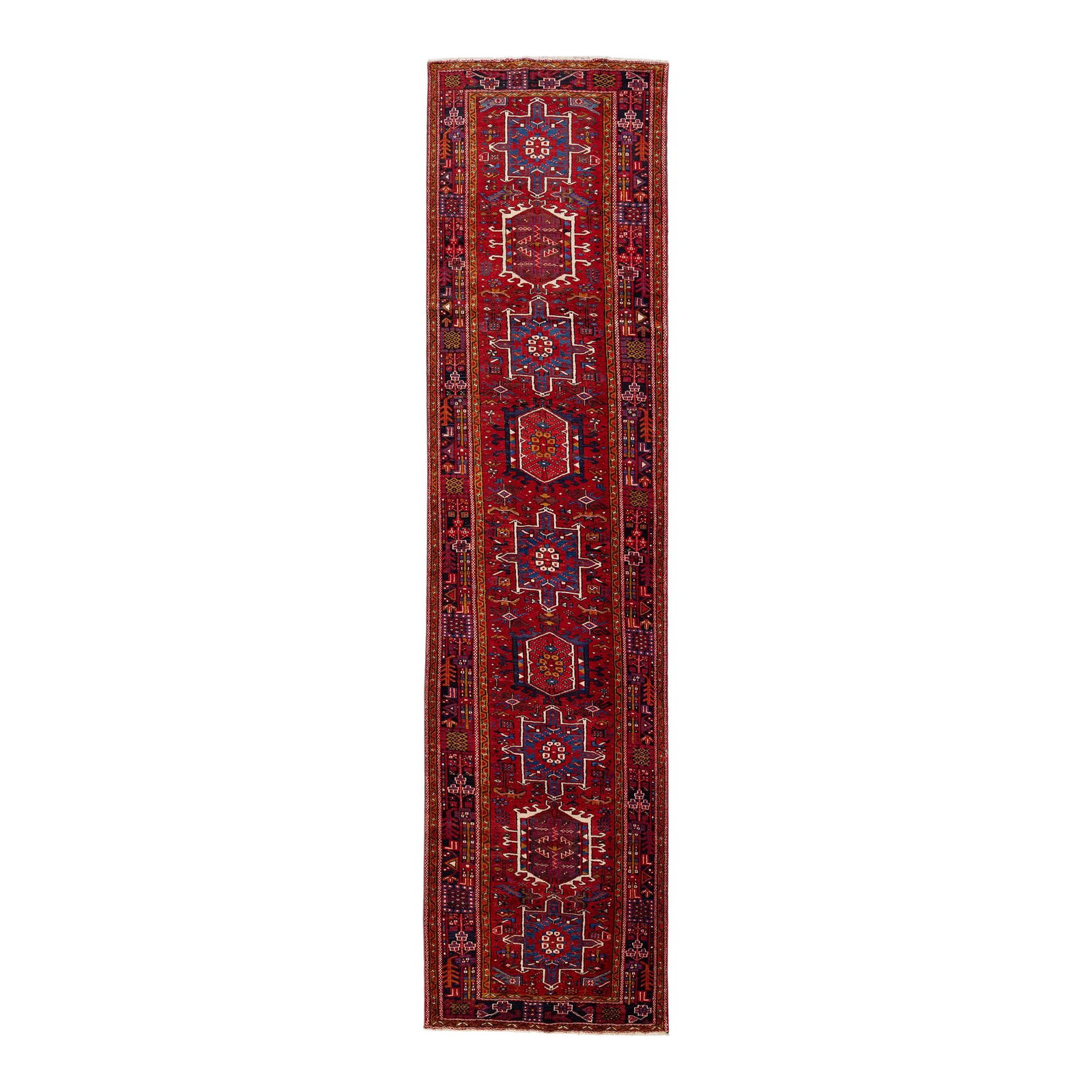 1960s Handmade Persian Heriz Red Geometric Wool Runner 3'7 x 15'2: 1960s Handmade Persian Heriz Red Geometric Wool Runner 3'7 x 15'2 This stunning vintage Persian Heriz runner showcases exquisite hand-knotting in rich red wool, framed with a striking black border and