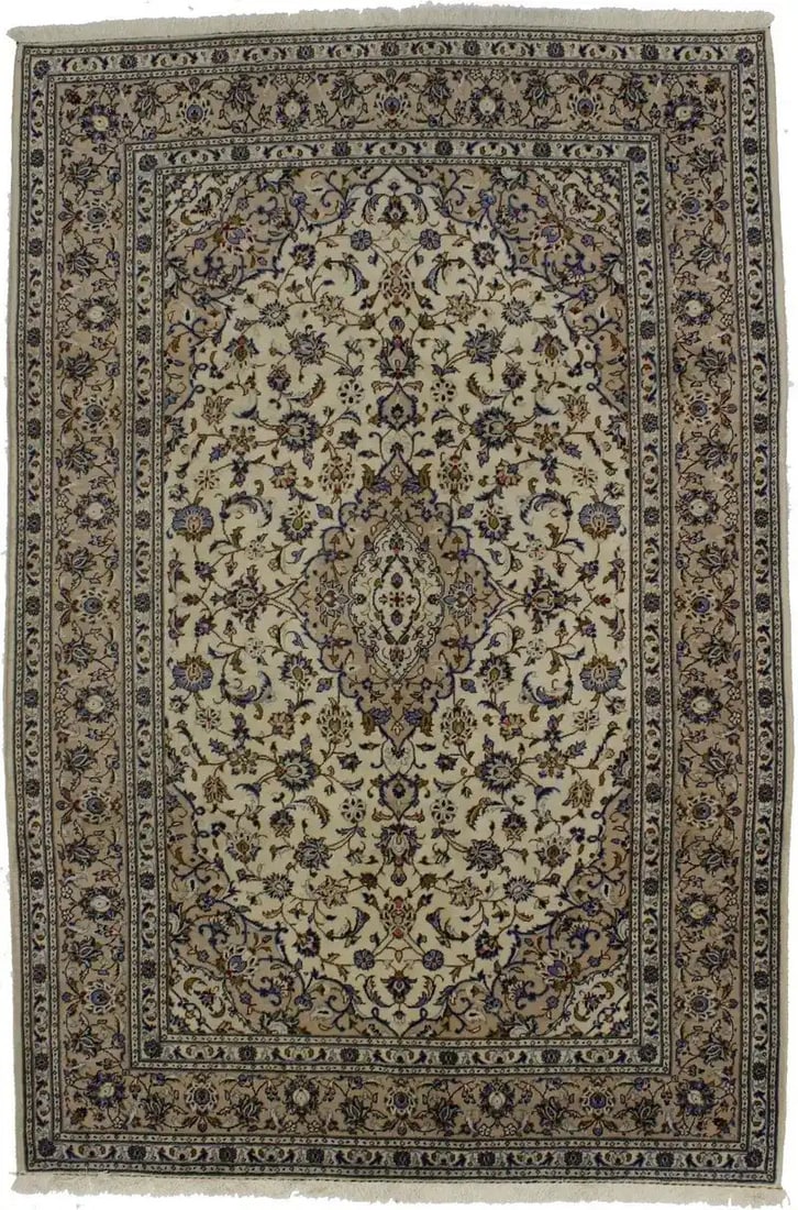 6'8" x 10'0" Hand Knotted Wool Oriental Rug Cream Floral: 6'8" x 10'0" Hand Knotted Wool Oriental Rug Cream Floral Handmade vintage Oriental area rug with a floral pattern in cream, beige, navy blue, light blue, and periwinkle. This hand-knotted wool rug has