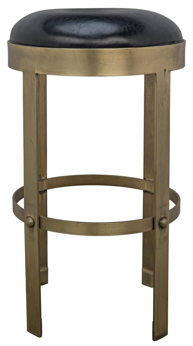 Noir Brass Industrial Steel Leather Prince Counter Stool: Noir Brass Industrial Steel Leather Prince Counter Stool Introducing the Industrial Steel Leather Prince Stool, a striking piece that combines vintage charm with modern industrial style. This counter 