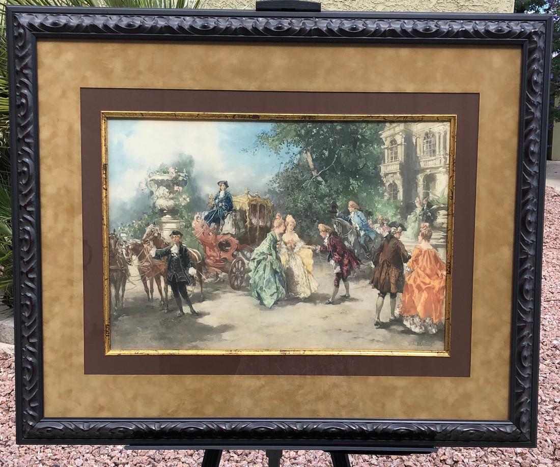 Vincente Parades Watercolor on Paper: Vincente Parades (1845-1903) listed artist. Signed lower right gouache and watercolor on paper. Active and lived in Spain. Known for painting French scenes from the 18th Century, painting them in the 