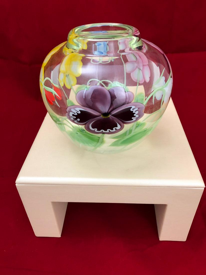 Orient & Flume Art Glass Vase: Orient & Flume Art Glass Vase "Pansy" bouquet vase; crystal cased. Signed and numbered #34 of 300. By Ed Alexander. 6.5" wide at widest point by 6" tall. This vase has a shallow 1/8" surface scratch t