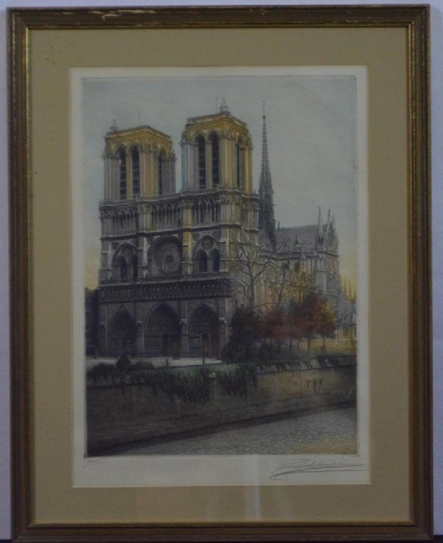 Notre Dame Cathedral, Paris, ed 2/200: Of the front face of Notre Dame Cathedral, Paris from across the Seine., Frame: 20 x 16 in. Lithograph, Signed Illegibly lower right Property of Walter Wagner
