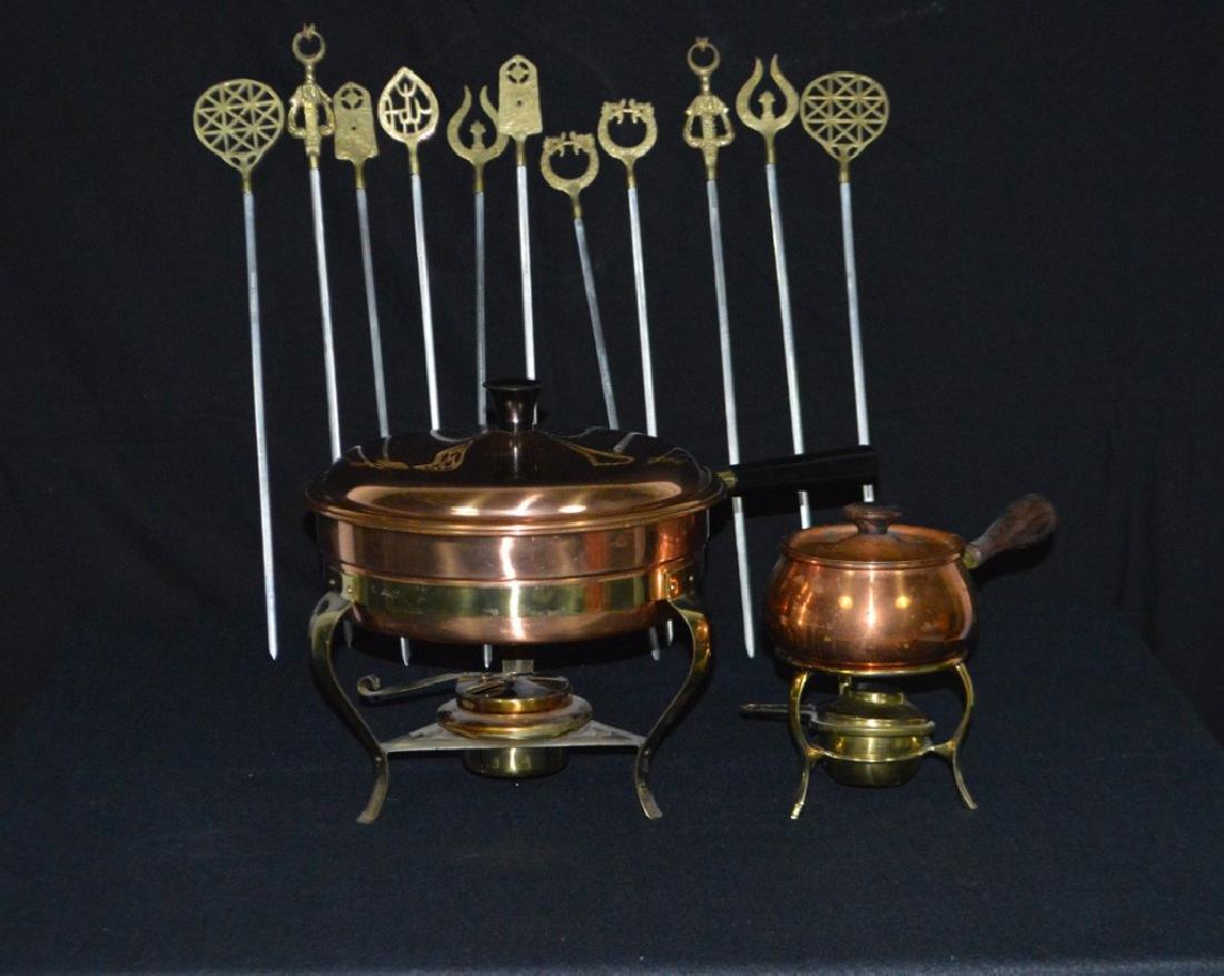 Pair of Copper Fondue Pots with Metal Skewers (1 of 5)