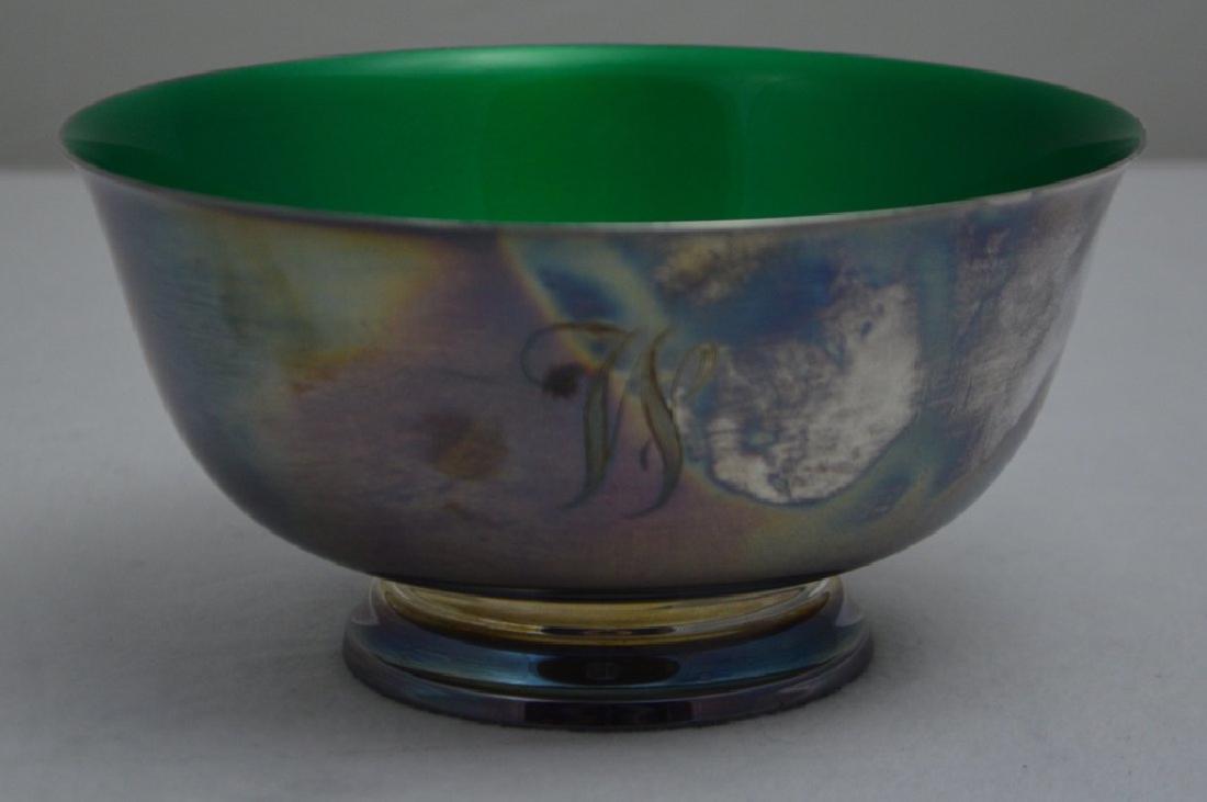 Reed and Barton Silver Plate Revere Bowl: Marked on base, with jade green enamel interior. Monogrammed "W". Property of Walter Wagner