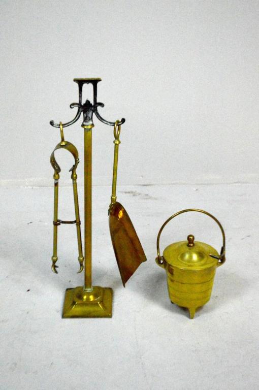 Brass Fireplace Tools and Starter Pot: of usual form
