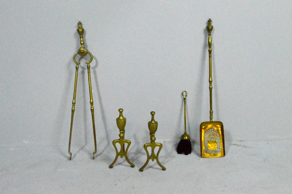 Pair of Urn Form Andirons and Fireplace Tools: The andirons with a urn form above cabriole legs, with a short billet bar. Tools include a shovel, broom and tongs.