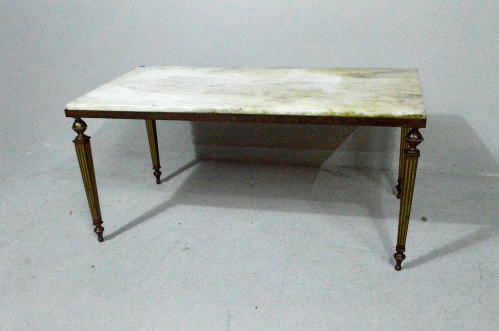 Neoclassical Marble and Brass Coffee Table: With a drop-in rectangular white marble top raised on four fluted tapering rectangular legs ending in peg feet.