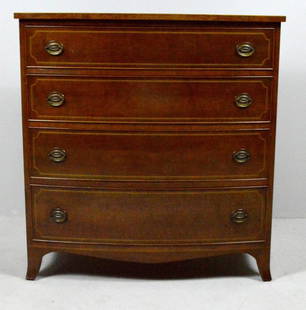 George III Style Bow Front Chest of Drawers: With a shaped rectangular top over four shaped and banded drawers and a shaped apron, the whole raised on four slightly splay legs.