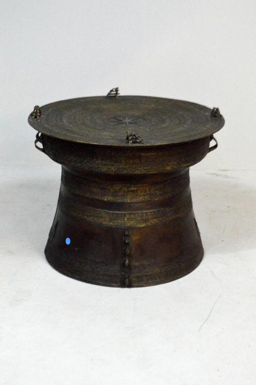 Bronze Thai Rain Drum: Of usual form, with Wheel of Dharma on the drum top.