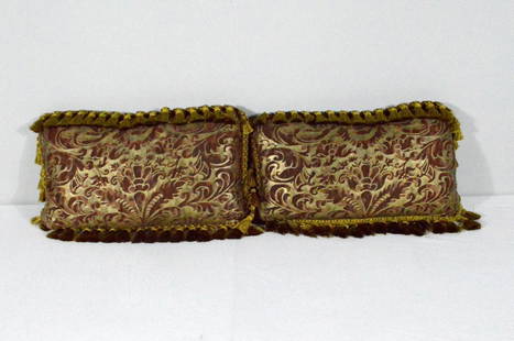 Pair of Silk Damask Pillows: Gold ground with gold tasseled fringe and gold back