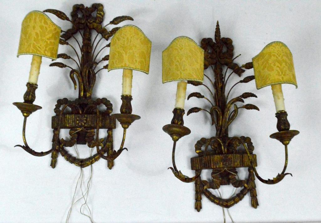 Pair of George III Style Two Light Sconces: Wired, Parcel Gilt over wood. Each consisting of bough of wheat and two lights emanating from a central pier.