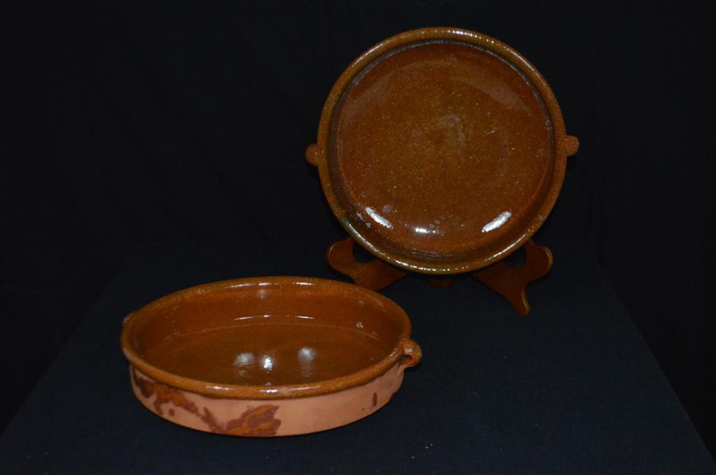 Pair of Earthenware Cassoles: With red glaze, each with small handles.