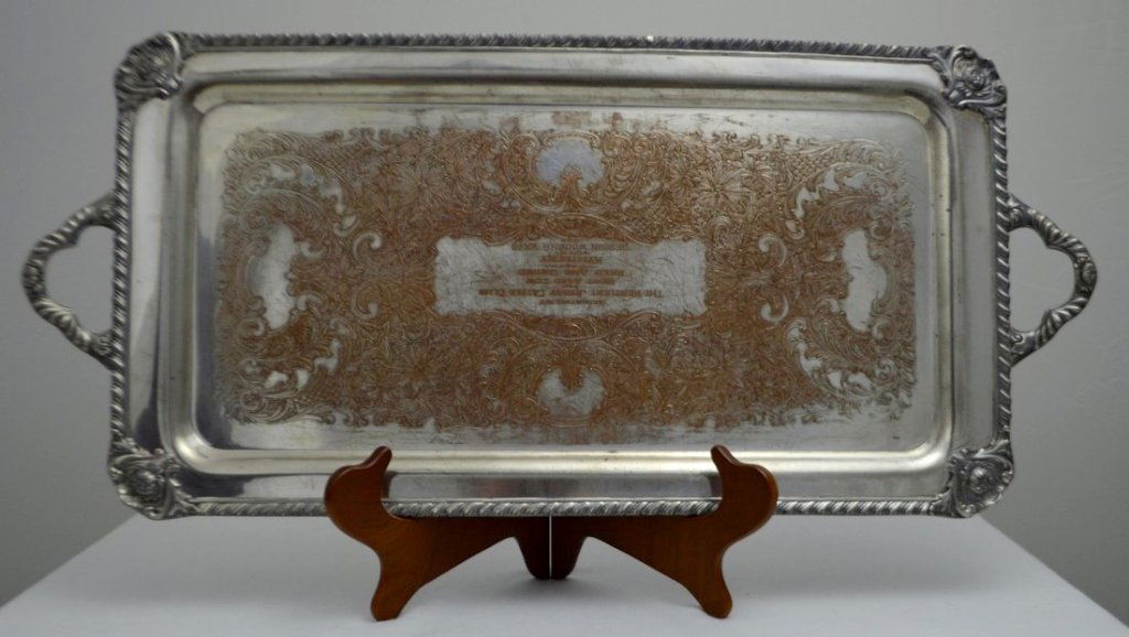 American Silver Plate Trophy Tray: Unmarked, with gadrooned edges and and handles, with engraving "Donated by | The Kentucky Jersey Cattle Club | for | Best Aged Cow | Bred and Owned | in Kentucky | won by | Design Winning Ways | 1939"