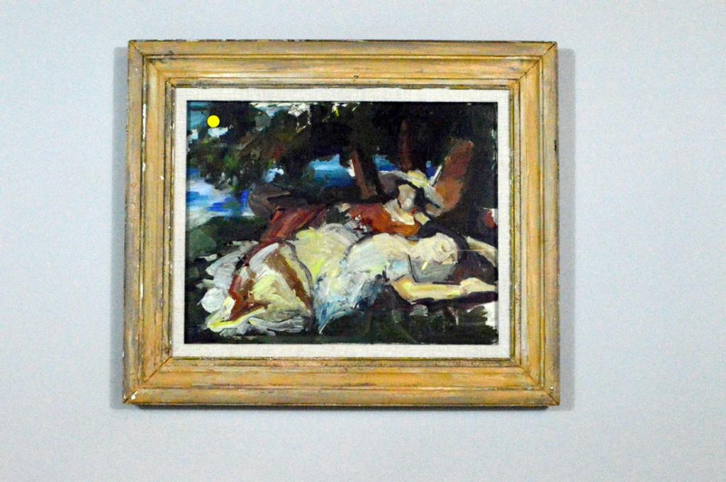 Abstract Painting of Two People Reclining: Of two women reclining in a wooded setting. Frame: 23 x 27.5 in.