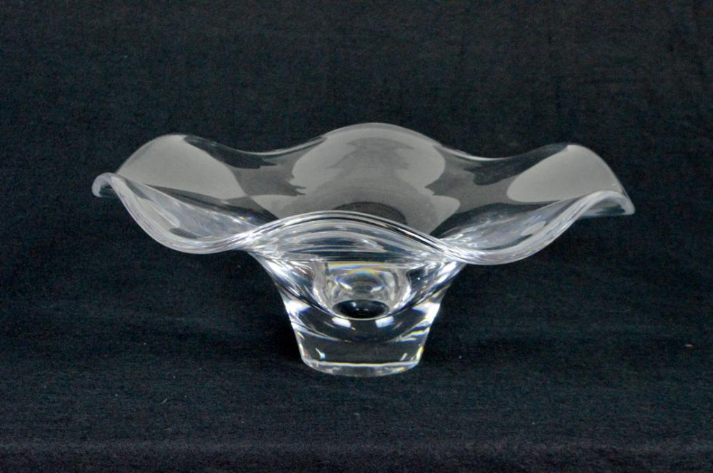 Orrefors signed Sculptural Crystal Piece: With a wide wavy lip over a shallow bowl, on a circular base.