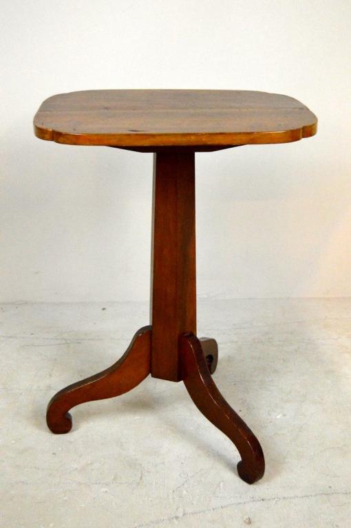 Federal Style Cherry Tilt Top Tea Table: With a shaped top over a six sided tapering column, the whole on three scrolling legs. Circa late 19th Century. 30 x 21 x 18 in.