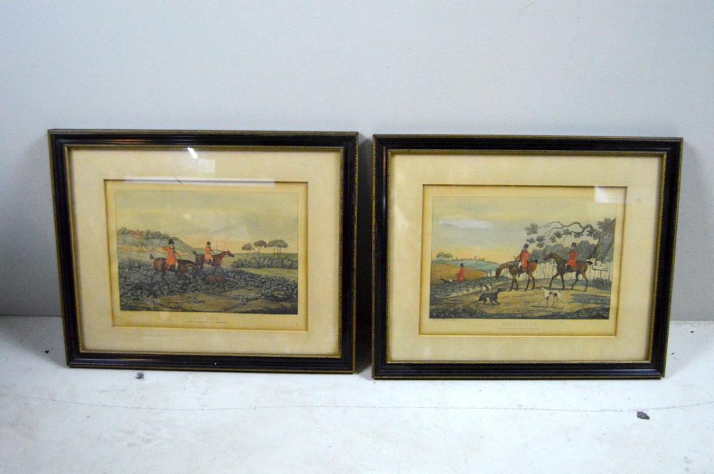 Pair of Henry Thomas Aiken Fox Hunt Prints: Henry Thomas Aiken (British, 1784-1825), Published by Laird, 1841. Included "Finding" and "Going Out". Each Image: 9 x 11.75 in. Frame: 14.25 x 17.5 in.