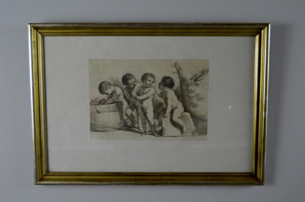 Francesco Bartolozzi (Italian, 1727-1815) Engraving: Circa 1784, of four children around a wine vat. Image: 13.5 x 20 in.; Frame: 16 x 23 in. Glazed in a gilt wood frame. Provenance: Geneva Archibald