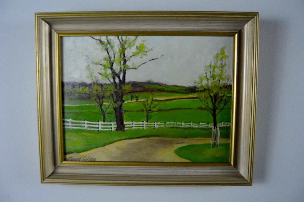 Harold Dean Collins (Kentucky, 1908-1987), Untitled: Oil on board, of a trees in a field with a white fence. Signed lower left. Image: 9 x 11.5 in.; Frame: 11.5 x 14.5 in.