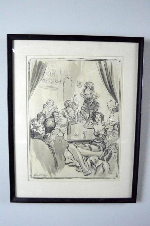 Harold Dean Collins (Kentucky, 1908-1987), Cabaret: Ink and watercolor on paper, of a 18th century brothel scene with a woman dancing on the table. Image: 12.5 x 9.5 in.; Frame: 17 x 13.5 in.