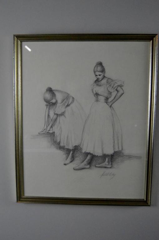 Harold Dean Collins (Kentucky, 1908-1987), Ballerinas: Charcoal on paper, of two ballerinas, one standing and one tying her shoe. Image: 18.25 x 14.5 in.; Frame: 20 x 16.25 in.