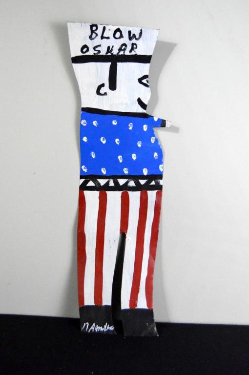 R A Miller (American, 1912-2006), Blow Oscar: Folk art on tin, of Uncle Sam. 30 x 10 in. Signed on foot.