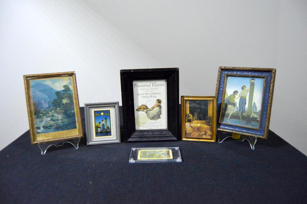 Six Maxfield Parrish (1870-1966) Framed Prints: Including: Reveries playing card, Venetian Lamplighter, Cleopatra, Tiny Rocks and Rills, Venetian Lamplighter playing card, and the cover of Treasured Flavors cookbook