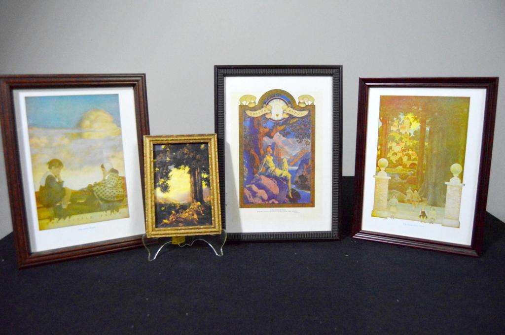 Four Maxfield Parrish (1870-1966) Framed Prints: Including: Two Women at Tree Base, the Sugar-plum Tree, The Little Peach, and Dawn and Night is Fled. Largest is 10 x 7.5 in.