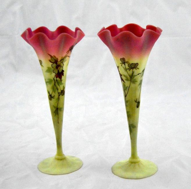 Pair of Painted Glass Trumpet  Vases (1 of 6)
